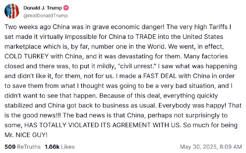 特朗普5月30日晨发帖