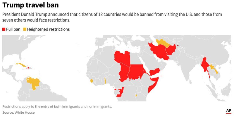 特朗普6月4日下令，将禁止阿富汗、缅甸、乍得、刚果共和国、赤道几内亚、厄立特里亚、海地、伊朗、利比亚、索马里、苏丹和也门等12个国家的公民进入美国，同时将加强布隆迪、古巴、老挝、塞拉利昂、多哥、土库曼斯坦和委内瑞拉等国公民的入境限制