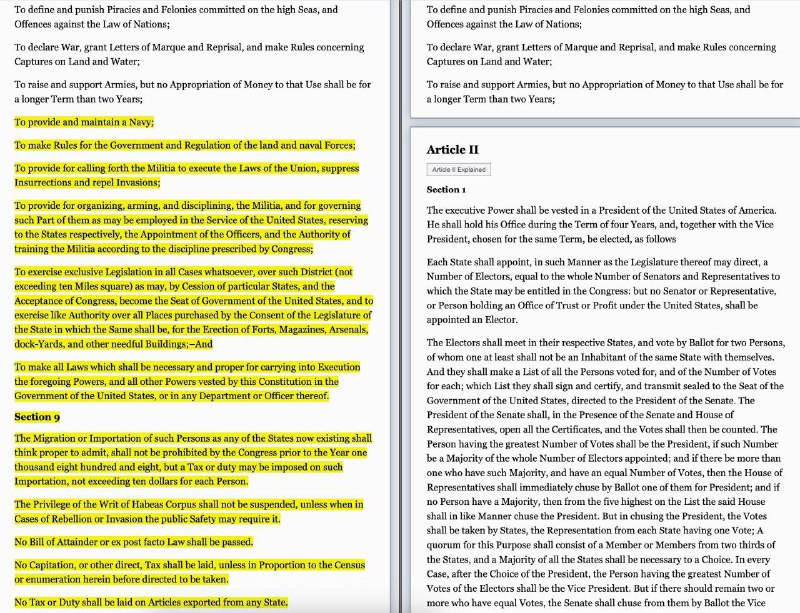 美国联邦政府网站上展示宪法全文的页面被发现在7月17日后删除了宪法第一条第八款部分内容、第九款及第十款全部内容