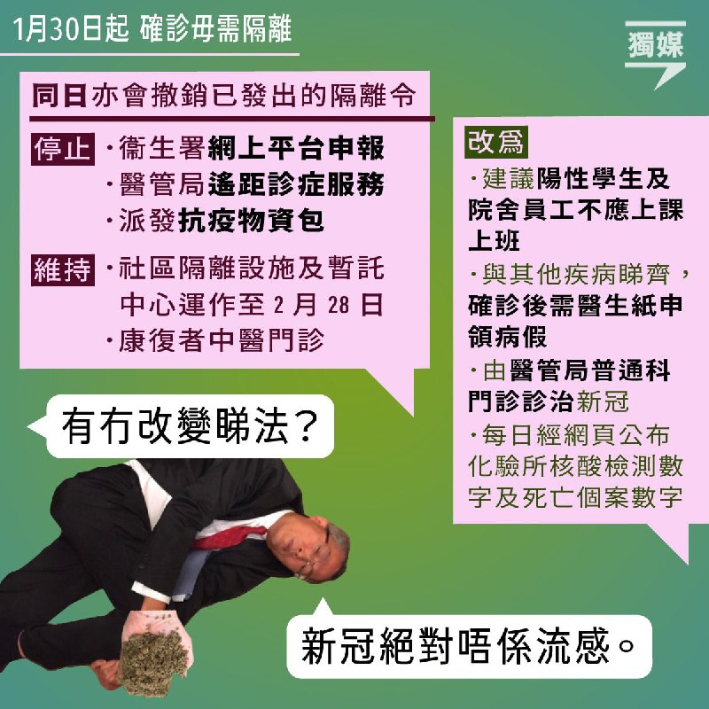 香港宣布自1月30日起取消对新型冠状病毒感染者的“隔离令”规定，抗原测得阳性者不再网络填报及申领“抗疫物资包”，也不再享受特别病假安排；适时终止提供免费“愿检尽检”