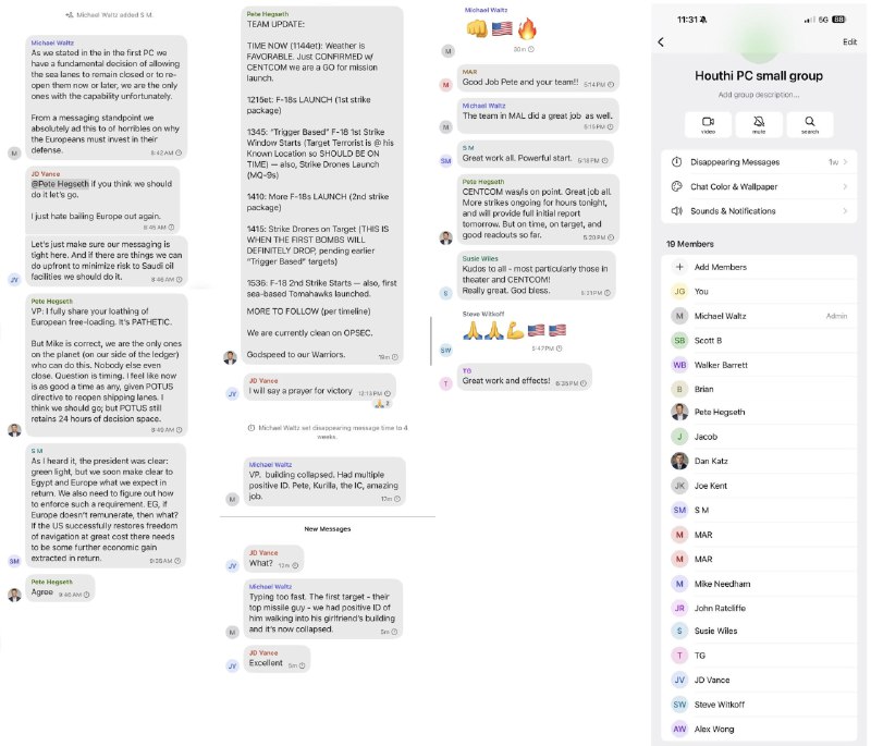 《大西洋》总编辑杰弗里·戈德堡3月26日公布群聊中的军事打击计划