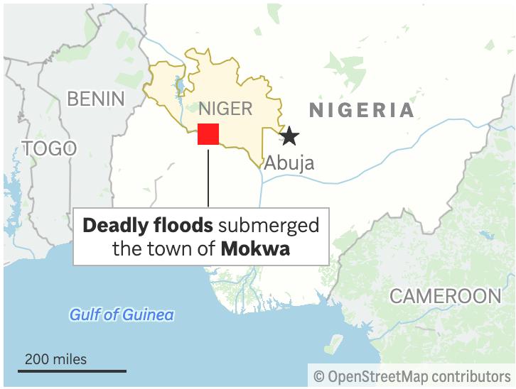 尼日利亚尼日尔州莫夸地区5月29日起出现暴雨并引发洪水，附近的大坝垮塌进一步加重了灾情