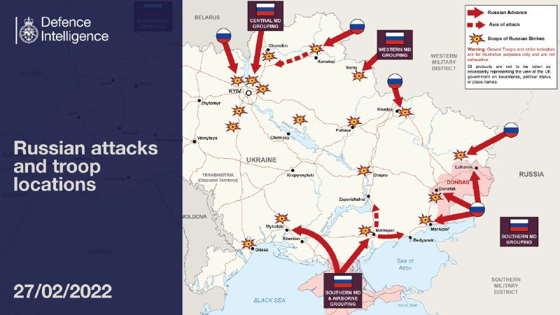 英国国防部整理更新截至当地时间27日的俄军推进态势